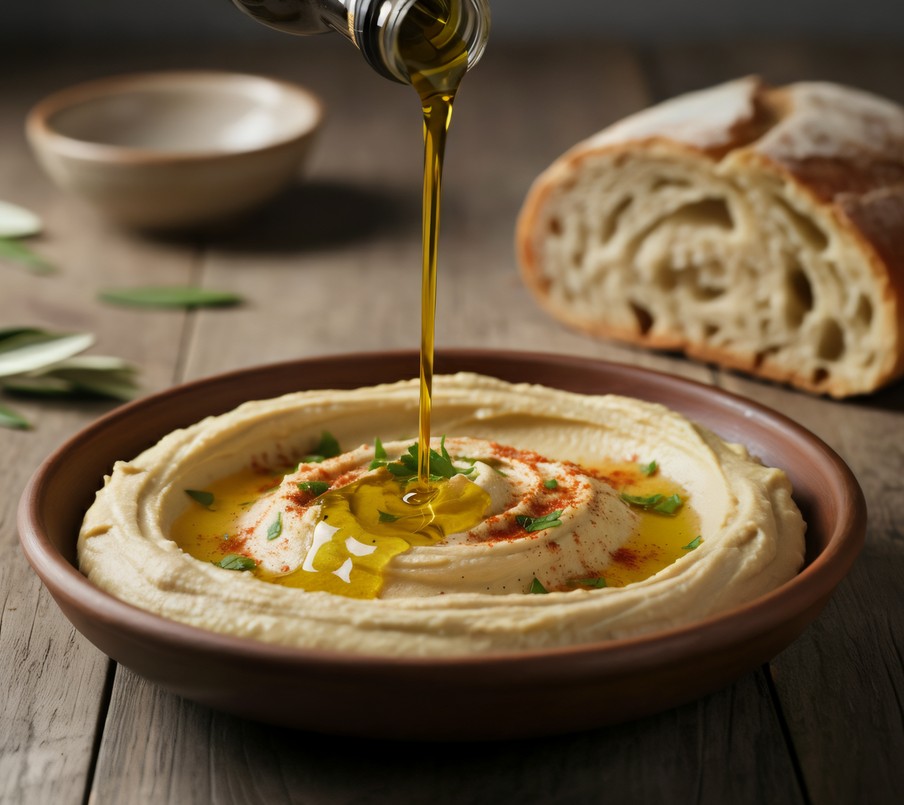 Holy Land Goods olive oil poured over a bowl of hummus